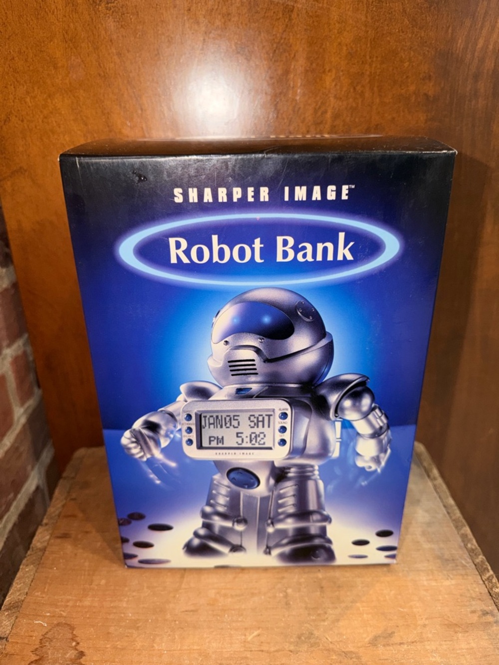 Y2K Sharper Image Silver Robot Bank with Blue Display Art